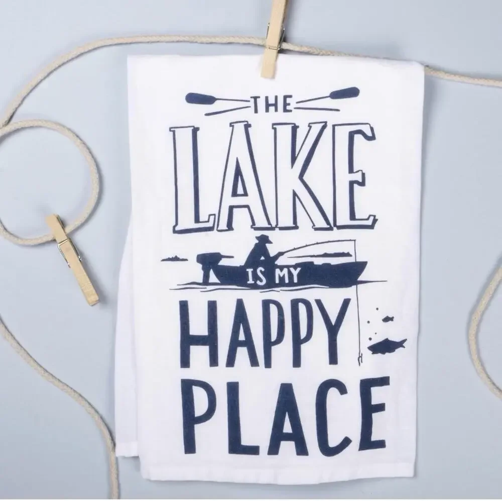NWT ‘The Lake is My Happy Place’ Blue Kitchen Tea Towel - Primitives By Kathy